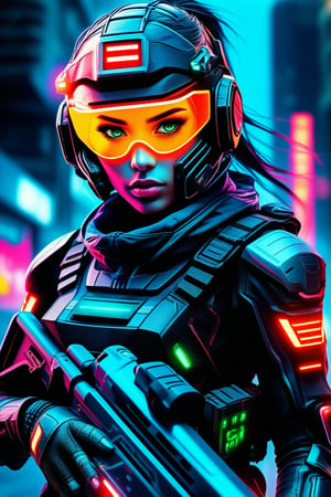 Cyberpunk Soldier Girl: high-tech armor, neon visor, glowing weaponry, sci-fi, cyber elements, urban battlefield, digital camouflage, intense expression, tech-enhanced