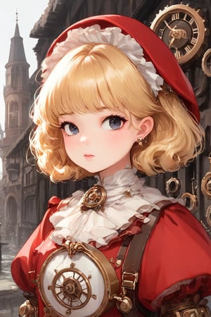 anime,iu,close up, Straight blond short curly hair child girl little red riding hood, Clock on necklace, (Victorian Era), ((Steampunk)), photography, Work, elegant, meticulous, Gorgeous, Maximum details, Extreme pursuit of aesthetics, Complex details, Lots of gears, Old town background
