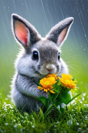 (masterpiece, best quality, 4K, 8K, high-resolution, ultra-detailed, photorealistic), a baby bunny holding a bouquet of flowers in the rain, tender and heartwarming scene, vibrant colors, intricate details, delicate petals and leaves, realistic fur texture, gentle raindrops, soft lighting, whimsical and dreamy atmosphere, high contrast, soft shadows, dynamic composition, natural background, wet fur, glistening droplets, botanical details, baby animal, enchanting moment
