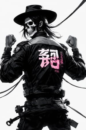 assassinkahb style, a black and white photo of an Cyborg Samurai assassin wearing a high collar motorcycle jacket with japanese writing on the back, fight stance, fists up, Split, solo, simple background, shoulders implementations of wires and nano Future Tech, Large sedge hat, 1boy, white background, jacket, monochrome, upper body, greyscale, male focus, long hair in wind, weapon, clothes writing, skull, skeleton, japanese flag, creating a Synthwave sunrise scene with bleaked dark colorful Neon and black details, warm orange and pink hues casting a beautiful glow, cinematic lighting, detailed digital painting by Aaron Blaise and Robert Bateman and Carl Runguis, 4k resolution, hyperrealistic rendering, ethereal atmosphere