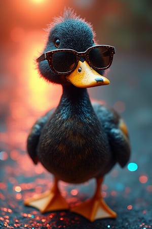 (A cool duck) stands proudly, wearing (reflective sunglasses) that catch the vibrant hues of a nearby shimmering surface. The (glittering particles) in the background create a radiant display of colors, ranging from (fiery reds and oranges) to (cool blues and purples), casting a mesmerizing glow. The duck’s playful expression and (confident pose) blend seamlessly with the surreal, luminous environment. [Soft, blurred lights] fill the air, enhancing the sense of magic and wonder in this (dreamlike scene), as if the duck is part of a colorful, enchanted realm where light and fun collide