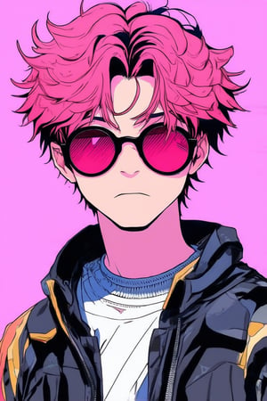 Comic Art Illustration Style,  an illustration of a boy with sunglasses and pink hair, solo, short hair, black hair, 1boy, male focus, parted lips, necklace, round eyewear