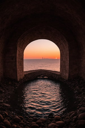stylized by Suehiro Maruo and Frits Van den Berghe, [photograph, hip level shot of a The ancient portal of San Francisco comes alive with the glow of a glowing red light. In the center of it all, a small stone bridge made out of smooth stones stretches towards its shore. As the sun sets in the distance, we see a faint orange hue that illuminates the sky. The water reflects the soft light, creating a peaceful and serene scene. at Golden hour, Wide view, Magical, film grain, Canon eos 5d mark 4, Fish-eye Lens, Film grain::14], , , , creative, very coherent, cinematic perfect intricate stunning fine detail, highly detail, highly contrasted, enhanced quality, badge, contemporary, delicate, aesthetic, dynamic background, intricate