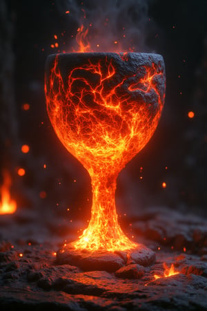 A hyper-realistic portrait, photorealistic photo close-up image of A chalice forged from molten lava, its surface perpetually shifting and flowing like a living, fiery river. The body of the chalice is smooth, with glowing orange and red patterns resembling ancient runes, constantly appearing and disappearing as the lava moves. The rim is edged with a blackened, obsidian-like material that contrasts sharply with the molten liquid within. Inside the chalice, a swirling vortex of liquid fire dances, its heat palpable even from a distance. The base is heavy, with veins of glowing magma coursing through the stone, grounding the otherwise fluid object in the physical world. The chalice stands on a wooden medieval table (photography, high-resolution, dynamic, energetic,hyper-realistic, dramatic lighting, shallow depth of field.)