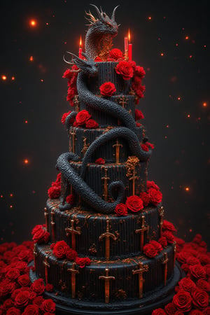 Gothicpunk multi tiered, black velvet cake, golden black dragon on top, red and black swords surrounding the dragon black icing, candles in the shape of swords, red roses, ultra HD, magical realism, ultra fine details, cinematic, fantasycore, volumetric lighting, epic composition, grimdark, ,breathtaking borderland fantasycore artwork by Android Jones, Jean Baptiste monge, Alberto Seveso, James Jean, Jeremy Mann, maximalist highly detailed and intricate professional photography, a masterpiece, 8k resolution concept art