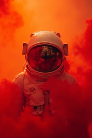 anhei,This is a very detailed digital artwork in a dark fantasy style,An astronaut standing amidst dense red smoke,framed by a vivid orange backdrop. Close-up shot,focusing on the helmet's reflection of the surrounding red hues. The scene creates a surreal atmosphere,with dynamic,thick clouds of smoke swirling around. The astronaut's spacesuit has detailed,realistic textures,contrasting with the chaotic flow of the smoke. The colors are primarily bright orange and deep red,with a dark grey background. Highly realistic,with intricate reflections in the helmet and sharp contrast between the smooth surface of the spacesuit and the voluminous clouds.,