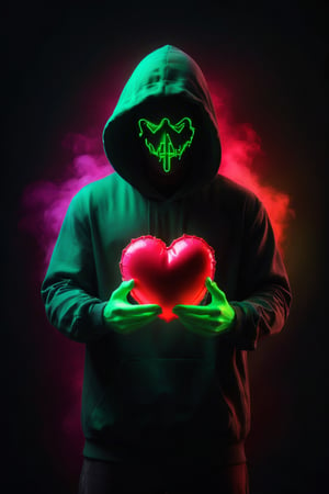 skp style, Capture a photorealistic scene of a man holding a heart, his face obscured. The image should feature a red neon heart (Lave: 1) as the focal point, illuminated by a green backlight. Create a digital art piece with vibrant neon green colors, designed for use as a Discord profile picture or iPhone wallpaper. The man should be in a vantablack chiaroscuro, wearing a black hood with no visible eyes. Incorporate a glowing halo overhead, neon inc branding, and a background enveloped in vivid green neon fog. Enhance the fantasy by infusing super colorful and bright elements, making it a perfect representation for Valentine's Day.