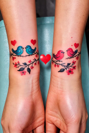 Wrist Tattoo, Tattoo Design, a tattoo of three birds sitting on a branch with a heart in the middle and flowers on the side