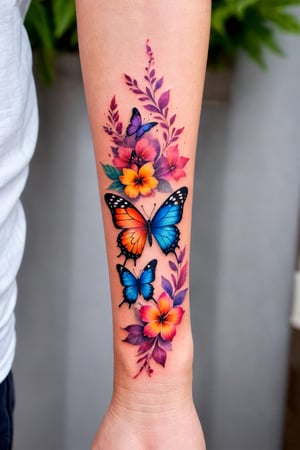 Wrist Tattoo, Tattoo Design, a woman's arm with a colorful butterfly tattoo on the left side of her arm, with flowers and leaves in the background