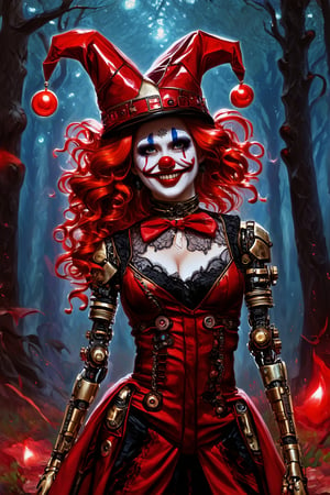 a detailed oil painting of a beautiful mechanical clown, cyborg, exposed circuitry, pale skin, wide grin, she wears traditional clown makeup, a lace jester costume, technological enhancements, a jester_cap, long curly red hair, red aura, standing in dark mysterious forest, a mix of science_fiction and fantasy, intricate artistic details, red theme,