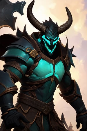 looking at viewer,detailed background,Cinematic Lighting,film masterpiece,best quality,highly detailed,
,,glowing,,,hand person,,Expressiveh,,,horns,h0rns,
solo,holding,axe,dark skin,looking at viewer,armor,scar,from below,close up,outdoor,alistar \(league of legends\),