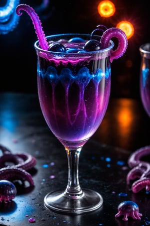      (ultra detailed, clean focus, masterpiece, best quality, 16k, 8k:1.2), (rim lighting:1.3), in a realm of madness a (cosmic:1.1) (eldritch:1.1) (blueberry:1.1) (cocktail, iced:1.1) is served in an ornate crystal cocktail glass on a (rough black slate:1.1) table, it is decorated with a (single writhing tentacle:1.4) and a handful of (perfect blueberries:1.4), it emits (malevolent purple energy:1.2), (drops of quicksilver:1.1) are scattered on the surface, (azure and deep purple crystals:1.1), (eerie creeping fog:1.1), raw photo, (magazine product advertisement:1.1), short depth of field, (cosmic nebula background:1.1)