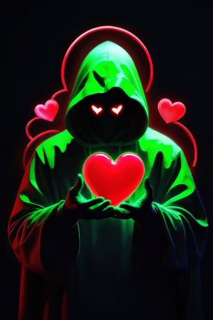 skp style, Man holding a heart, no face, (red neon 1 heart image Lave: 1), green backlight, neon green, digital art, discord profile picture, vantablack chiaroscuro, black hood, no eyes, iphone wallpaper, glowing halo overhead, neon inc, green neon fog, valentine's day
