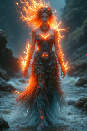 A being of contradictions, the woman made of fire and water stands like a living embodiment of natureâs extremes. Her dress is a marvel of elemental craftsmanship: the upper half is formed of glowing embers and molten lava, constantly shifting and crackling, while the lower half is a flowing river of water that crashes and swirls around her legs. Around her neck, a necklace of fire flowers, their delicate petals flickering with vibrant flame, glows brightly, contrasting with the frozen leaves that form a tiara on her head, each leaf shimmering with frost. Skulls, blackened and burnt, form a crown at her waist, their hollow eyes glowing with a faint red light as they hover just above the surface of her watery skirt. Her hair is a cascade of fire that transforms into flowing water halfway down her back, the flames and liquid entwined in a beautiful dance. Her wrists are adorned with bracelets made of icicles and sparks, the frozen and fiery elements clashing and merging in an endless cycle.