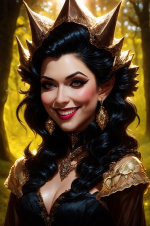 reality-shot, realism, realistic photography of a very detailed evil queen, cunning smile, awesome appearance, magical landscape with enchanted elements, fantasy art style, sunshine yellow theme, intricate details, ultra sharp, exquisite detail, flawless composition, vivid colors, masterpiece, exciting background    DotDotDotCE