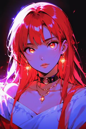 score_9,score_8_up,score_7_up, 1girl,long hair,looking at viewer,bangs,red eyes,bare shoulders,jewelry,closed mouth,collarbone,red hair,earrings,choker,necklace,off shoulder,lips,orange eyes,glowing,black choker,black background,portrait,backlighting