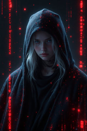 Photorealistic photography of a cyberpunk woman hacker, a hooded figure with white hair, surrounded by floating red digital code, in a dark, futuristic setting. aidmaimageupgrader, aidmaMJ6.1m, detailmaximizer, mythp0rt      