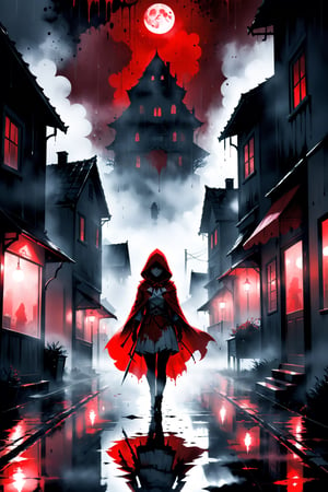 Ink illustration, female assassin s creed version of little red riding hood, rain, moon, night, eerily dark suburban street, ominous, silhouette, black and gray, reflection, fog, blurry, eerie light, wide shot, limited palette, tense, disturbing, unsettling, one isolated red stain, ink splatters, ink runs, ink spots, faded ink, linquivera, ais-sinisterz
