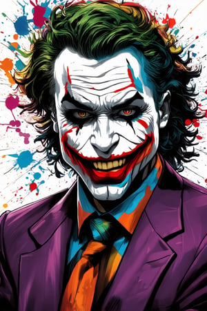 Comic Art Illustration Style,  the joker with colorful paint splatters on his face, solo, looking at viewer, shirt, red eyes, 1boy, male focus, necktie, formal, suit, clown