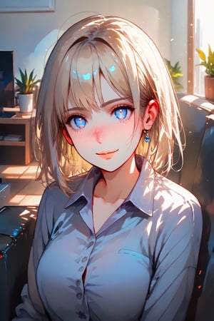 score_9, score_8_up, score_7_up, score_6_up, beautiful womand, cute face, shy, kinky smile, extreme ultra detailed perfect eyes, blue eyes , 35yo, nose blush, working office woman, sitting in a couch, (head tilted) ,(holds her head with her arm), eyes contact, lot of desire for the viewer, side portrait , face focus , pov , indoor, inside home, in living room,
