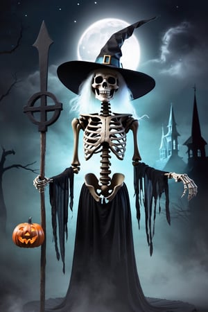 color photo of a skeleton, a ghost, and a Witch's Hat, all coming together to create a hauntingly captivating Halloween scene. The skeleton stands tall, its bones gleaming in the moonlight, representing the eerie presence of the afterlife. The ghost, draped in translucent white, floats gracefully, emanating an ethereal aura. The Witch's Hat, adorned with mystical symbols and feathers, adds a touch of enchantment to the scene. 
