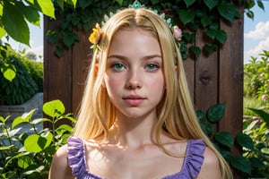 Flower Princess, Rapunzel, Beautiful, Glowing yellow glow, Long blonde hair, Green eyes, Lilac dress, Green ivy, Nice young face, Soft tan skin,Art germ, Fantastical, intricately details, Splash screen, Complementary colors, fantasy concept art,
