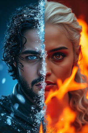 Art Concept: “Ice and Fire”

Poster Text:
Ice and Fire (in bold, striking font at the top)

Composition:
This artwork features a striking portrait split directly down the middle, showcasing two iconic characters from "Game of Thrones": Jon Snow from House Stark on the left and Daenerys Targaryen on the right.  The division creates a dramatic contrast between the cold and fiery themes represented by each character.

Left Side - Jon Snow (Ice):

Color Palette: Cool blues, grays, and whites.
Visual Elements: Black hair partially frozen with ice crystals, piercing blue eyes, and drifting snowflakes.
Brushwork: Fluid and ethereal, evoking a sense of calm yet cold resolve.
Expression: Stoic and noble, with a hint of sadness.
Textures: Icy elements reflecting his deep connection to House Stark.
Right Side - Daenerys Targaryen (Fire):

Color Palette: Vibrant reds, oranges, and golds.
Visual Elements: Flowing white hair resembling flames, fierce expression, and flickering flames around her.
Brushwork: Bold and dynamic, capturing raw energy and intensity.
Expression: Fierce and determined, radiating empowerment.
Textures: Flames illuminating her features, symbolizing her quest for power.
Central Division - Collision of Ice and Fire:
At the center, where Jon and Daenerys meet, there is a dramatic collision of ice and fire.  Intricate effects showcase the interaction between the two elements, with frosty tendrils intertwining with fiery sparks, symbolizing their complex relationship.

Text Integration: “Haisen works”

Positioning: The text "Haisen works" will be prominently positioned at the bottom of the poster, serving as a unifying element.
Styling:

Left Half (Ice): Icy textures in shades of blue and white, angular font mimicking icicles.
Right Half (Fire): Vibrant reds, oranges, and yellows, fluid, wavy font resembling flames.
Text Effects:

Glow Effect: A cool blue aura on the left, warm orange glow on the right.
Shadowing: Slight shadow beneath the text for depth.
Overall Effect:
The combination of icy and fiery elements in the text and the characters' eyes will create a striking visual impact, harmonizing with the portrait's themes.  The text will stand out and resonate with the narrative of duality, emphasizing the balance between Jon Snow and Daenerys Targaryen.