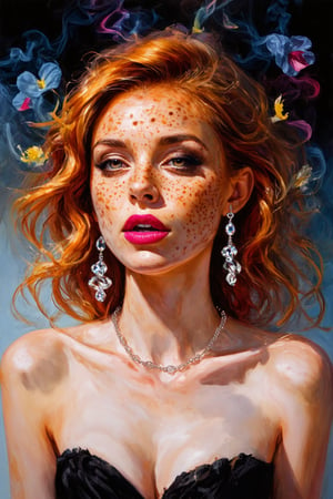 Masterpiece, 4K, ultra detailed, beautiful freckles lady with natural makeup, beautiful Smokey eyes and glossy lips, dangling earring and crystal necklace, ginger and black ombre hair, romantic flower petals, colorful bellowing smoke, depth of field, SFW,watercolor \(medium\)
