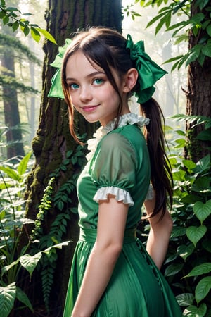 highly detailed photo of mysterious shy, curious (fairy:1.1) girl in forest, detailed intricate ornate pale green cloth dress, fantasy style, fog background, hdr+, backlighting, (small smile:1.2), detailed cute face, detailed ornate green pigtails hair with flowers and ribbons, lush vegetation, highest quality, unreal engine, (green beautiful eyes:1.3)
