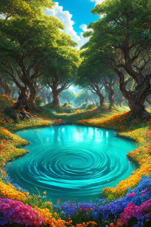 =a forest made of candies and a lake made of chocolate, bright colors, vivid, candy trees, chocolate lake, colorful candy flowers, chocolate ripples, fantastical environment, deliciously surreal, high detail, high resolution.
