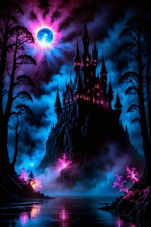 masterpiece of high-contrast shadow and light, a gothic castle sitting on edge of a forbidden mystical forest, moonlight, (fog and moonbeams:1.2), (pure black:1.3), and (darkness:1.3), mysticism, fantasy, gothic horror, glowing flora, magical phenomena, ultra realistic painting, intricate, High Detail, Sharp focus, realism, darkness.
