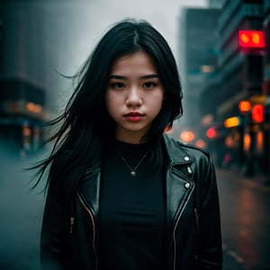 city street, neon, fog, volumetric, closeup portrait photo of young woman in dark clothes, 
,perfect