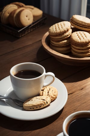 food photography, cup of coffee, biscuits, soft lighting, volumetric lighting, rim lighting
