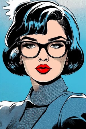 Comic Art Illustration Style,  a pop art style illustration of a woman wearing glasses, 1girl, solo, looking at viewer, short hair, blue eyes, black hair, makeup, red lips