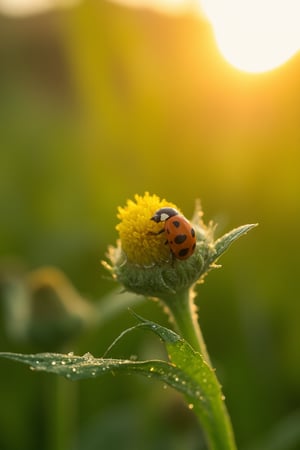 macro photography shot of a tiny ladybug on a flower in the morning sun, the flower and it's leaves covered in dew