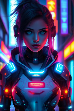 Cyberpunk Cybernetic Girl: glowing implants, neon-lit streets, futuristic attire, sci-fi, cyber elements, digital enhancements, intense expression, high-tech fusion