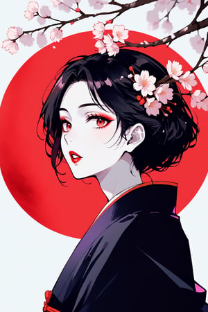score_9,score_8_up,score_7_up, 1girl,looking at viewer,bangs,black hair,hair ornament,red eyes,upper body,flower,parted lips,japanese clothes,hair flower,kimono,from side,makeup,moon,lipstick,cherry blossoms,pale skin,full moon,eyeshadow,white skin,branch,red lips,red moon