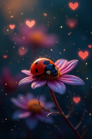 A cute colorful bright ladybug sleeping on a night flower, glowing hearts flowing like a breath into the air, translucent, cute, glowing, rim lit, fairy light bokeh background, vibrant, 8k resolution