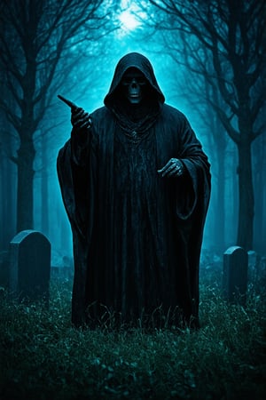  horror theme, Dark, dimly lit, moonlight, backlight, eerie, morbid, spooky, creepy, (double exposure grim reaper:1.5), merging and blending into an ancient cemetery burial ground, tombstones, graves, mausoleum, headstones, trees, tall grass, faint blue and green color grading, heavy mist, fog, grim reaper pointing at viewer, Masterpiece digital photography. Absurdres. High resolution, 4K, 8K,