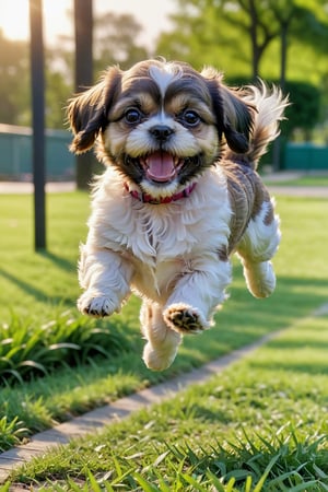 a cute shih tzu puppy, verry happy, smile face, running and jumping in a park, ([tail | detailed wire]:1.3), (intricate details), hdr, (intricate details, hyperdetailed:1.2), cinematic shot, vignette, centered, ultra high resolution, highly detailed CG unified 8K wallpapers, physics-based rendering, cinematic lighting, landscape background