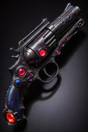 "Create a dark and mysterious revolver with sinister-looking skulls incorporated into the design, adorned with ruby-red gemstone eyes."


