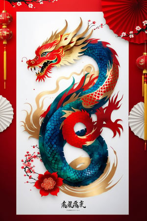 Dragon inspired, dragon themed, Craft a visually stunning poster for the Chinese New Year, drawing inspiration from the mythical and artistic realm of dragons. Imagine a stylized Chinese dragon, its form merging with vibrant brushstrokes and patterns reminiscent of traditional Chinese art. Set the dragon against a backdrop of auspicious red and gold hues, surrounded by symbolic elements like firecrackers and blooming flowers. Embrace an artistic style that blends elements of calligraphy and watercolor painting, creating a unique and allegiant representation. Infuse the image with a sense of movement and energy, reflecting the lively spirit of the Chinese New Year celebration.