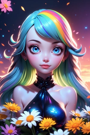 close up portrait of young woman with vibrantblowing hair and mesmerizing eyes, wearing a flowing dress made of petals, in a serene garden filled with blooming flowers, a representation of beauty and grace, charming, cute, beautiful, ultra detailed, dream like shot, 8k, sunset,((holographic))), (((rainbowish))), expressive, cinematic, dynamic pose
