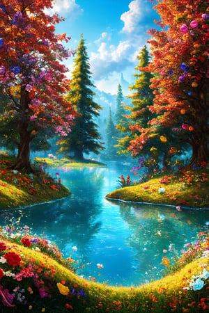 (best quality, 4K, 8K, high-resolution, masterpiece), ultra-detailed, realistic, photorealistic, a forest made of candies and a lake made of chocolate, bright colors, vivid, candy trees, chocolate lake, colorful candy flowers, chocolate ripples, fantastical environment, deliciously surreal, high detail, high resolution.
