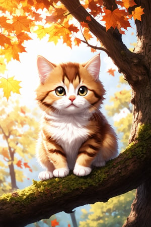 looking at viewer,detailed background,Cinematic Lighting,film grain,depth of field,,masterpiece,best quality,highly detailed,
,,glowing,colorful,
(masterpiece, best quality, (anime screencap:1.5)),cute little cat,perched on a tree branch,large expressive eyes,detailed fluffy fur with autumn leaves gently resting on it,vibrant autumn background with orange and yellow leaves falling,sunlight filtering through the trees creating a warm glow,detailed bark and leaves,playful and joyful expression,intricate and lush autumn foliage,2d anime style,volumetric lighting,high dynamic range,sense of wonder and playfulness,extremely detailed background with layers of autumn leaves,branches,and sunlight,realistic textures and lighting,magical and enchanting atmosphere,  epiCPhoto, PA7_Portrait-MCU,