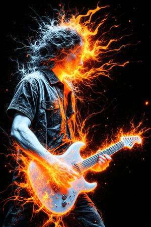 A mesmerizing line art drawing of a guitarist with a mesmerizing interplay of fire and white drawing lines. The guitarist is playing a white guitar with orange flames. The background is black. The drawing is in the style of abstract expressionism.