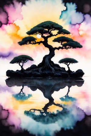 skp style, ink illustration, ink stains, ink splatters, ink runs, ink spots, faded ink, dramatic bonsai tree, plant on black reflective surface, sunrise, detailed, amazing natural lighting, earthy pastel colors, weeping for the lost children, symmetrical fractal pattern, linquivera
