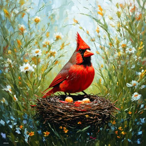 Stunning wild grass, 
flowers blooming, 
close-up bird cardinal and nest Epic cinematic brilliant stunning intricate meticulously detailed dramatic atmospheric maximalist digital modern painting
