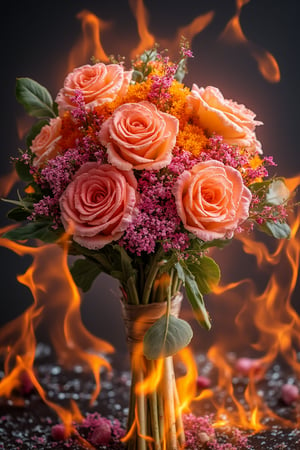 a flowers bouquet from ice and flames of fire, detailmaximizer