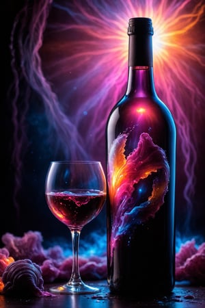 wine bottle and glass, masterpiece, fantasy, digital art, highly detailed, overall detail, atmospheric lighting, Awash in a haze of light leaks reminiscent of film photography, awesome background, highly detailed styling, studio photo, intricate details, highly detailed, cinematic, ,  ,